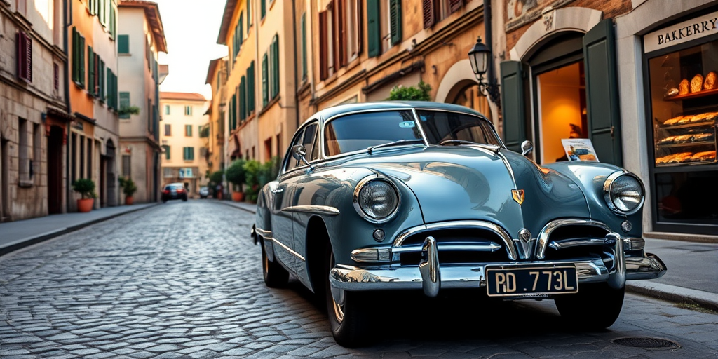 Sharp, detailed photo of a vintage car parked on a cobblestone street in a European village, soft sunlight reflecting off the chrome details, distant buildings with colorful shutters lining the street, the smell of fresh bread from a nearby bakery lingering in the air.