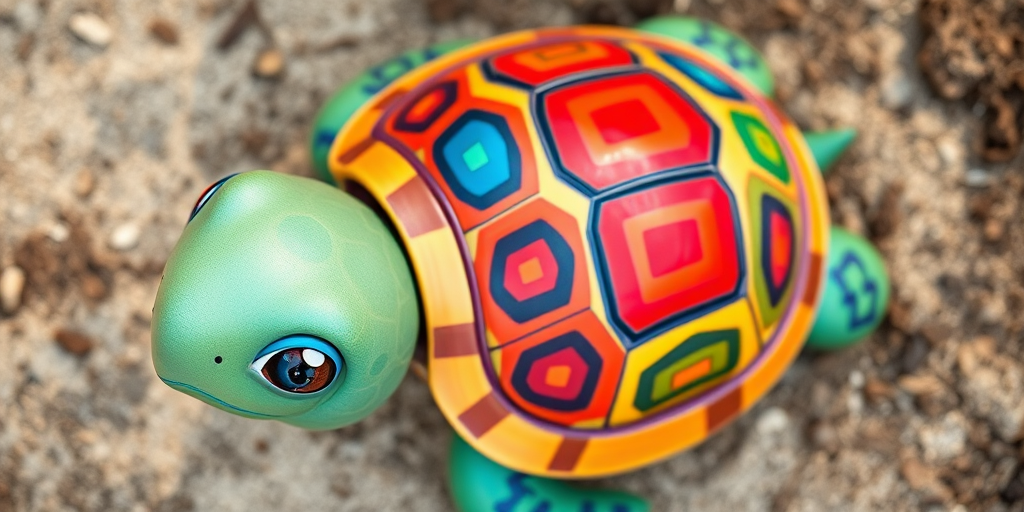 A cartoon turtle with a colorful shell featuring red, blue, yellow, and green patterns, captured in high resolution with a 50mm lens at f/2.8, ISO 100, natural lighting, top-down view, digital camera.
