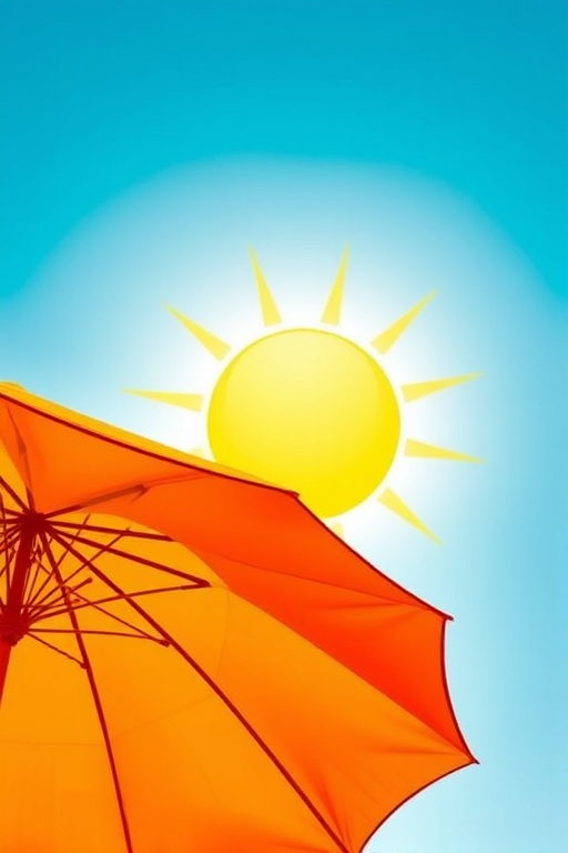 Create a vibrant illustration of a large orange umbrella partially overlapping a bright yellow sun with rays, using a DSLR camera with a 50mm lens, aperture f/2.8, ISO 100, and a shallow depth of field to enhance the colors and details against a clear sky background.