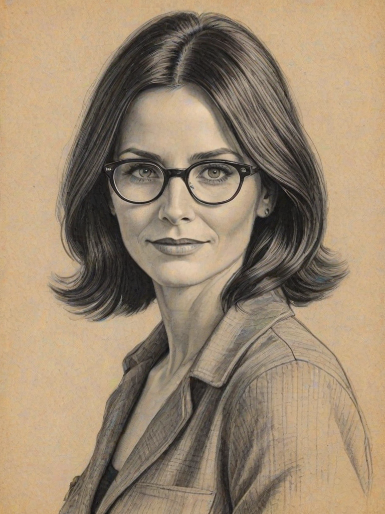Bewitching Courtney Cox, pencil sketch, portrait of Fascinating woman 1934s in glasses, hair style beatnik, outline, clear lines, fine lines, 8k