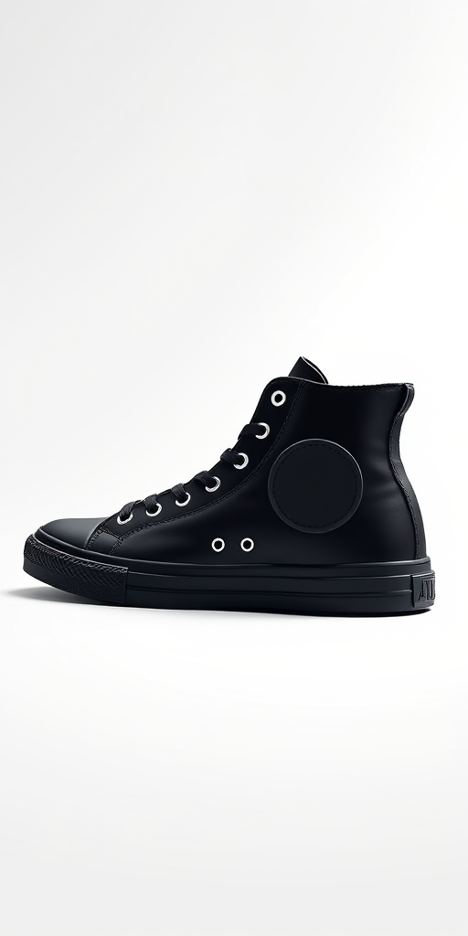 Create a high-resolution black high-top sneaker illustration with a circular logo on the side, shot with a DSLR camera at f/2.8 aperture, ISO 100, 50mm focal length, in a bright, evenly lit studio environment with soft shadows.