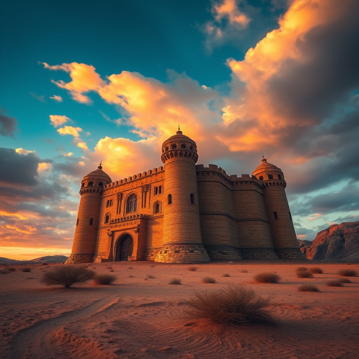 regenerate the image of a majestic castle in a desert landscape at sunset with dramatic clouds, using a Canon EOS R5 camera with a 24-70mm f/2.8 lens, aperture set to f/8, ISO 100, shutter speed 1/200s, shot from a low angle to emphasize the castle's height and grandeur, in a cinematic style with vibrant colors and rich details