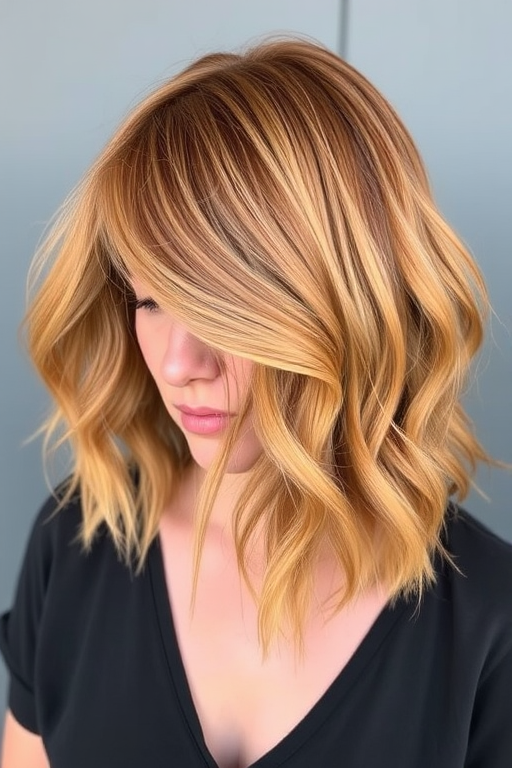 Copper penny bob with honey-gold balayage, styled in beachy waves, known as "Autumn Sunrise" hair, featuring a side-swept fringe and tousled texture