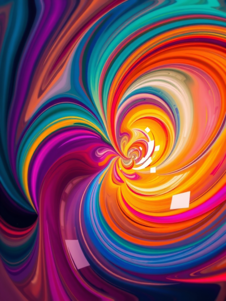 Create a vibrant abstract design featuring swirling colors and geometric shapes, shot with a Canon EOS R5 at f/8, ISO 100, using a wide-angle lens to capture more detail, with a high dynamic range to enhance colors and contrast.