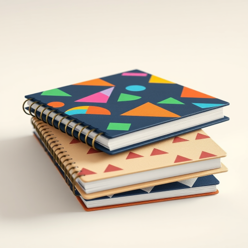 Create a highly detailed 3D render of two stacked notebooks with vibrant geometric patterns, one in dark navy with colorful shapes and the other in light beige with triangular designs, use a Canon EOS R5, 50mm lens, f/2.8 aperture, ISO 100, natural lighting, slight overhead angle for depth.
