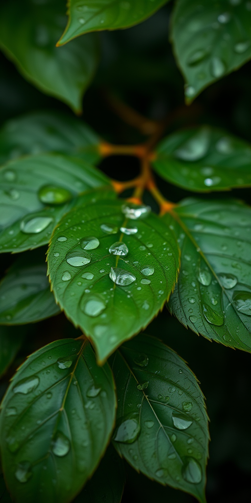 close-up shot of green leaves covered in raindrops, shallow depth of field, ISO 200, aperture f/2.8, 50mm lens, natural light, DSLR camera