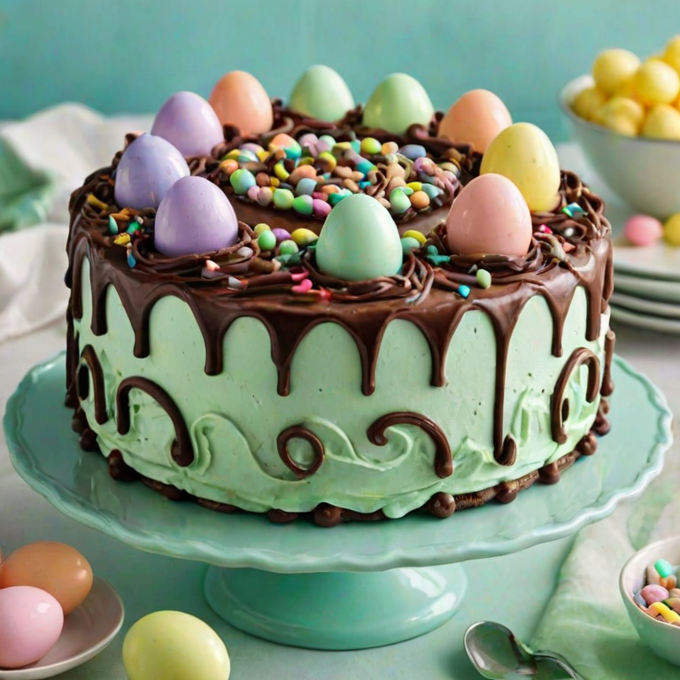 Create an image of a round cake with a mint green frosting base and a smooth chocolate ganache topping. Decorate the top with swirls of mint green whipped cream and place small pastel-colored candy eggs around the edge. Include chocolate drizzle cascading down the sides of the cake and a festive setting with colorful candy scattered around.