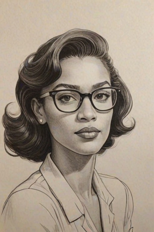 Wonderful Annie Ilonzeh, pencil sketch, portrait of Magnificent woman 1941s in glasses, hair style beatnik, outline, clear lines, fine lines, 8k