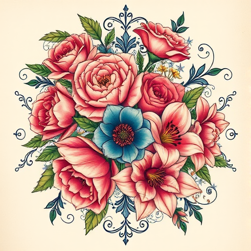 Neotraditional tattoo titled "Floral Reverie" depicting a lush arrangement of vibrant roses, peonies, and lilies intertwined with ornate filigree designs, distinguished by its bold outlines and rich color palette
