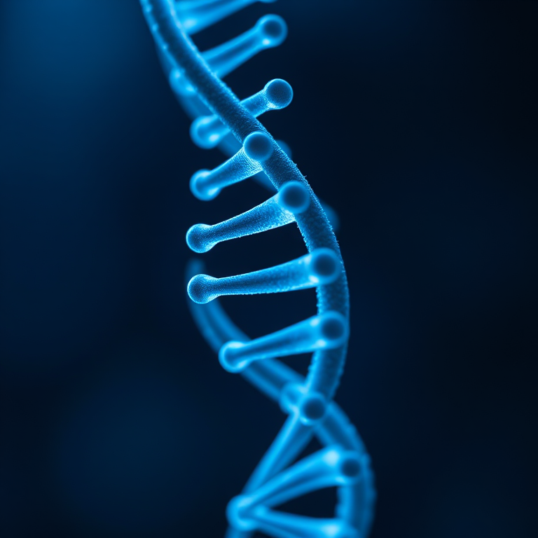 highly detailed macro shot of DNA double helix structure with glowing blue highlights and a dark background, shot with a Canon EOS R5 at 100mm f/2.8, ISO 200, shutter speed 1/125s, using a shallow depth of field and soft focus effect for enhanced quality