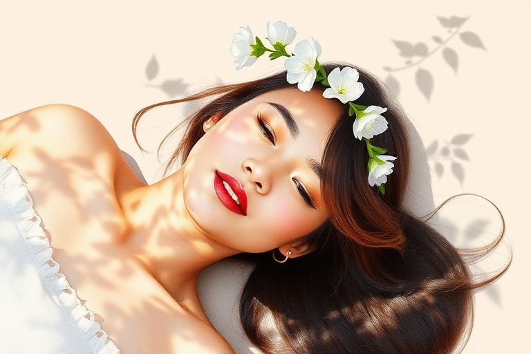 create a watercolor painting of an ethereal portrait of beautiful Malay woman with a simple white flower crown on her head. Her hair is long and she is lying on the ground. The sunlight on the trees casts shadows from the leaves on her face and body. The background is a neutral brown color that matches her skin tone. The image is minimalist and solid colors. This style is characterized by soft, delicate brushstrokes and a light, airy, contrasting color palette. High level of detail and play of light