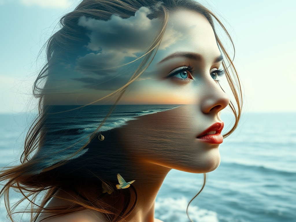 this picture is Book cover, A surreal double exposure portrait that blends a woman's face with a beautiful seascape. The overall mood is dreamy and mystical, with rich colors and intricate details