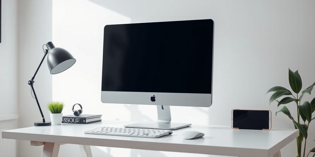 Create a high-resolution image of a sleek black computer monitor on a minimalist desk, captured in a well-lit room using a DSLR camera with a 50mm lens at f/2.8, ISO 100, and a soft focus background for depth.