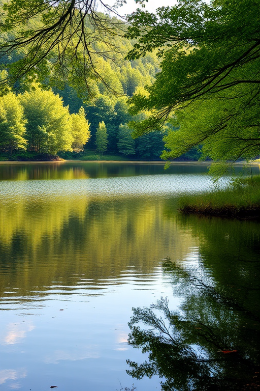 Create a high-resolution image of a serene landscape featuring a calm lake surrounded by lush green trees, captured with a DSLR camera using a 50mm lens, aperture set at f/8, ISO 100, and a shutter speed of 1/200 sec, in natural lighting with a wide-angle view to enhance depth and detail.