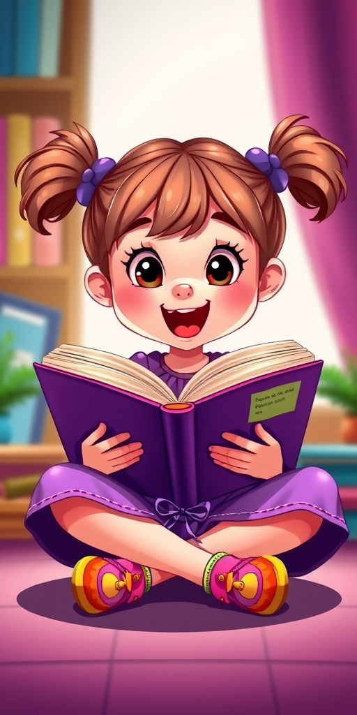 Create a vibrant cartoon illustration of a young girl with pigtails sitting cross-legged while reading a large book, wearing a purple dress and colorful shoes, with a focus on her excited expression and the book's colorful pages, use a soft focus lens, f-stop 4.0, ISO 100, 50mm lens, and bright studio lighting to enhance colors and details.