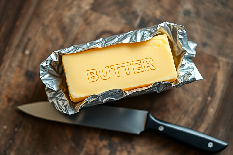 Generate a high-resolution image of a butter block partially wrapped in foil, with a stainless steel knife beside it, using a Canon EOS R5 camera, 50mm lens, f/2.8 aperture, ISO 100, natural light, shallow depth of field, and a top-down view to emphasize texture and color.