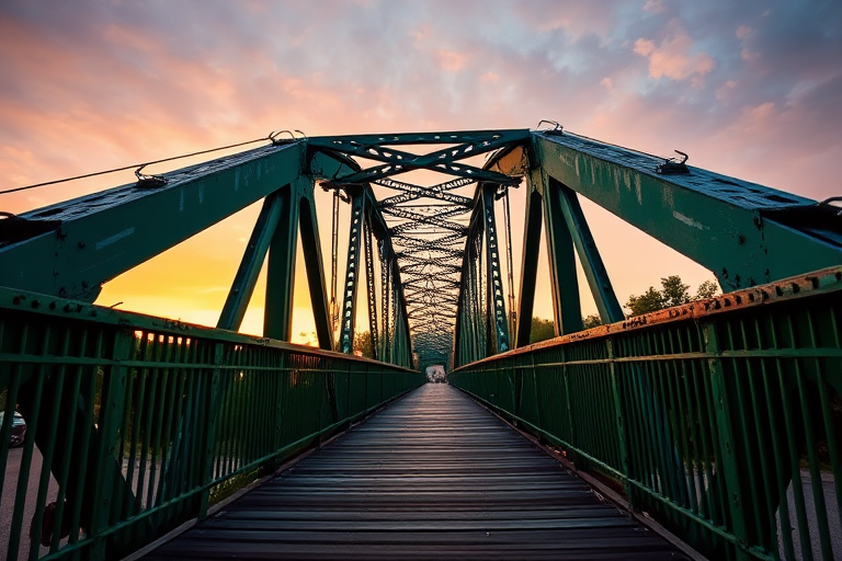 capture a wide-angle view of a vintage green bridge at sunset with detailed textures, use a DSLR camera, aperture f/8, ISO 100, shutter speed 1/125s, and a fixed focal length of 24mm