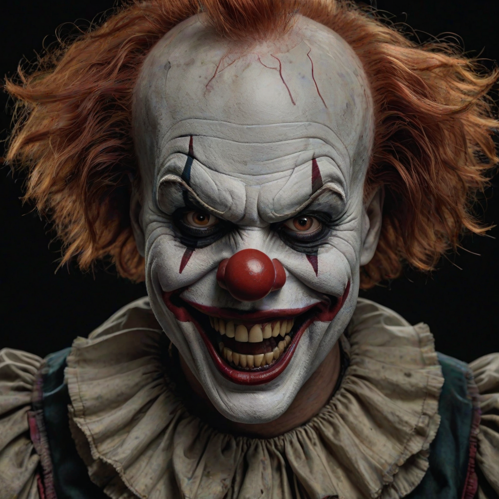 Create a hyper-realistic, dark, and eerie clown with a sinister smile, set against a black background. The clown should have exaggerated makeup with sharp, contrasting colors to enhance its menacing appearance. The overall atmosphere should be unsettling and intense, capturing a sense of horror and suspense