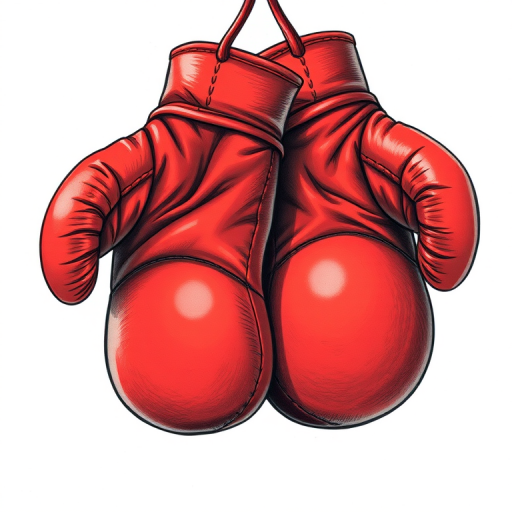 Create a detailed illustration of a pair of red boxing gloves with intricate stitching, use a DSLR camera with an aperture of f/2.8, a shutter speed of 1/100 second, and a focal length of 50mm, capturing the gloves from a slightly elevated angle with a soft-focus background to enhance image quality.