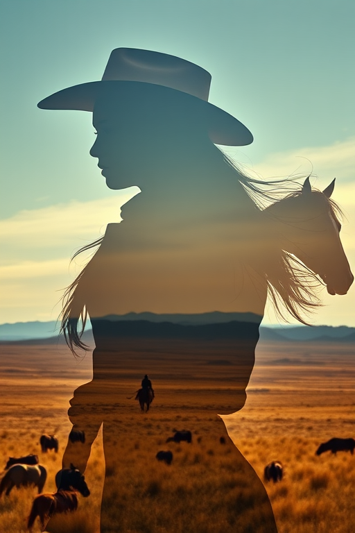 "Create a Double exposure", a silhouette "profile portrait of a young cowgirl" with long hair "superimposed" against a long shot of a cowgirl riding a horse across the plains, fantastic view, 32k, cinematic, hyper-realistic.