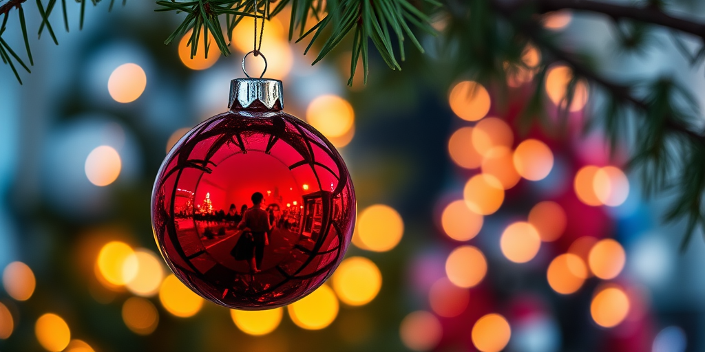 A close-up of a shiny red Christmas ornament hanging from a tree branch reflecting a beautifully decorated Christmas tree and warm glowing lights in the background with a bokeh effect creating a festive atmosphere.