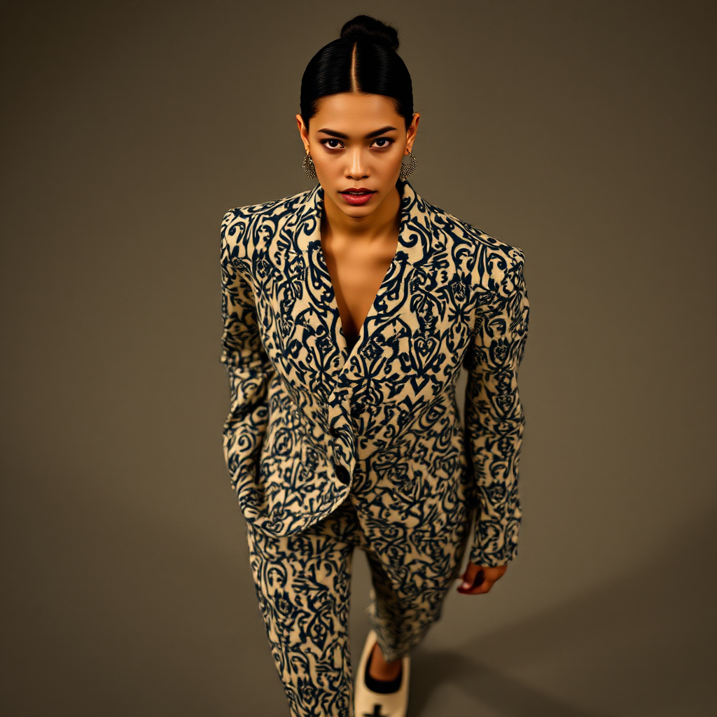Capture the model from a high angle, emphasizing the outfit’s pattern and silhouette. Use a 35mm prime lens to maintain sharpness and minimize distortion