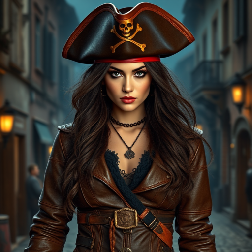 Create a portrait of a fierce female pirate. She wears a leather tricorn hat adorned with a skull and crossbones emblem, and her long, dark hair flows around her face. Her outfit consists of a richly detailed leather jacket, a corset, and multiple layers of belts and accessories, giving her a formidable and stylish appearance. She stands confidently in a dimly lit, historic port town, with a backdrop of weathered buildings and cobblestone streets, capturing the adventurous spirit of a pirate.
