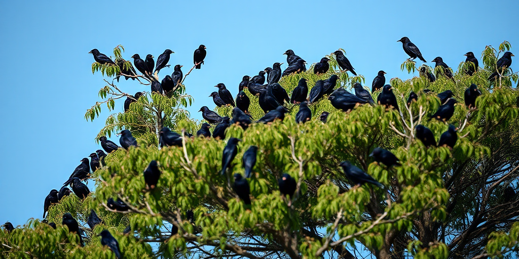 a dense tree filled with blackbirds perched on its branches against a clear blue sky, captured with a Canon EOS 5D Mark IV, 200mm lens, f/5.6 aperture, ISO 400, in natural light, focus on the birds and tree texture, shallow depth of field