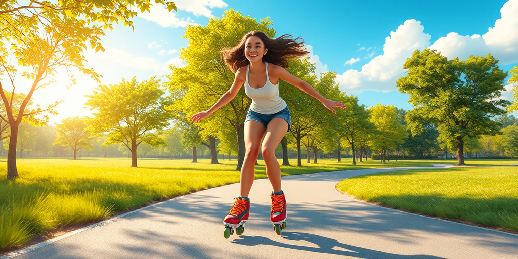 Create a vibrant and dynamic animated scene of a young woman rollerblading joyfully on a winding path in a sunny park, with lush green trees and a beautiful sky in the background, using a digital art style, high resolution 4K, shot from a low angle perspective to emphasize motion, with bright colors and sharp details.
