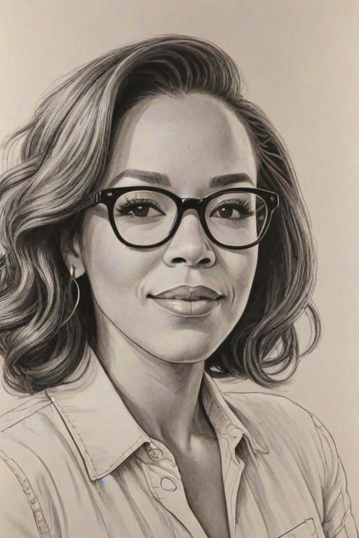 Ravishing Sunny Hostin, pencil sketch, portrait of Appealing woman 1932s in glasses, hair style beatnik, outline, clear lines, fine lines, 8k