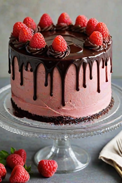 Create an image of a multi-layered chocolate cake with distinct layers of dark chocolate, raspberry mousse, and creamy pink filling. The cake should have a glossy chocolate ganache on top, adorned with fresh raspberries and chocolate shavings. Display a slice of the cake cut out to showcase the colorful layers. The background should be neutral and soft to emphasize the cake's details.