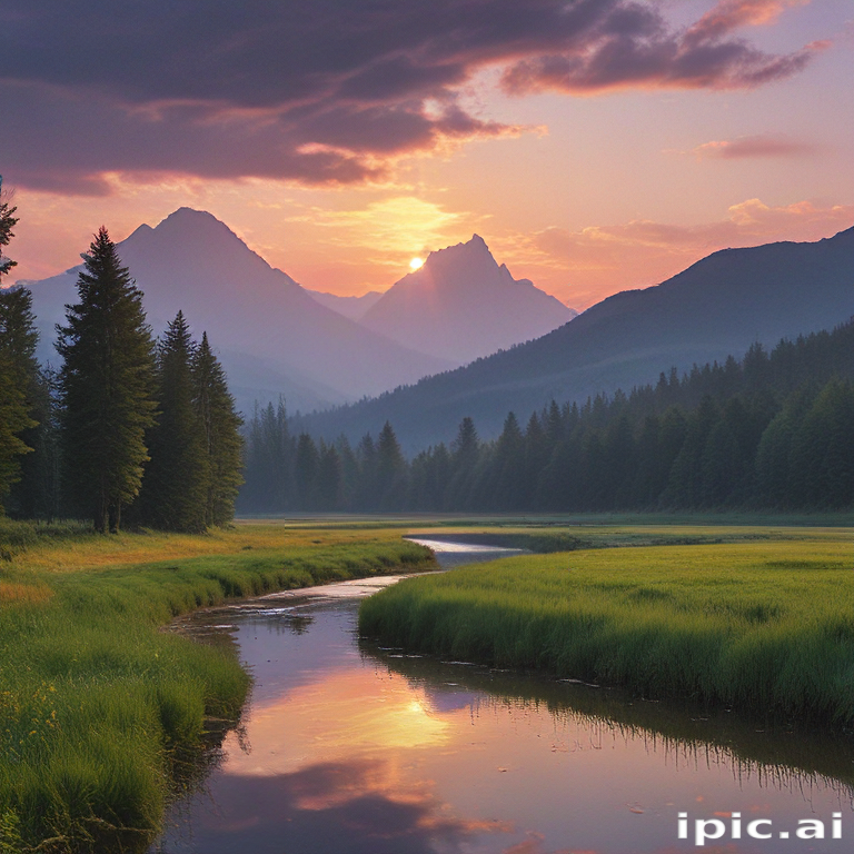 Tranquil Sunrise Over Misty Mountains and Reflective River Landscape