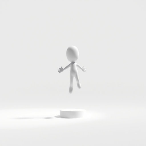 Create a 3D render of a minimalist cartoon figure suspended in mid-air, using a Canon EOS R5 camera at f/8, ISO 100, 1/125s shutter speed, with a wide-angle lens, soft lighting, and a clean white background for enhanced clarity and detail.