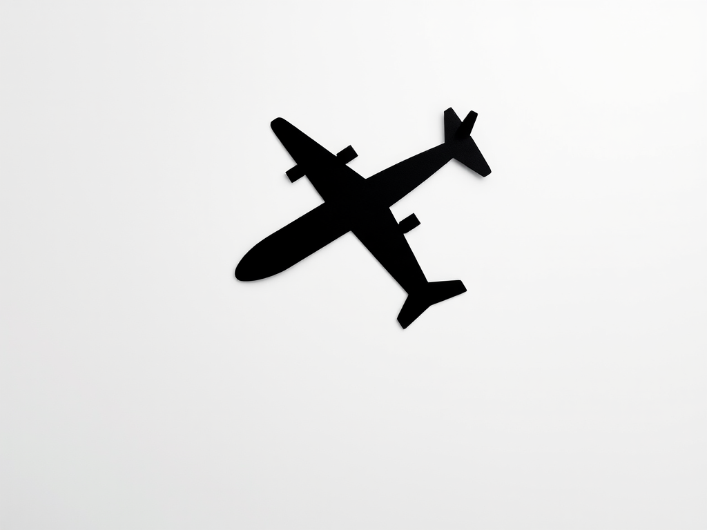 Create a minimalist black airplane icon on a white background, shot with a DSLR camera at f/2.8 aperture, 50mm lens, ISO 100, 1/200s shutter speed, top-down view for sharpness and clarity.