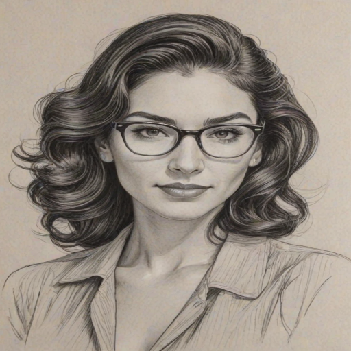 Radiant Lela Loren, pencil sketch, portrait of Delightful woman 1943s in glasses, hair style beatnik, outline, clear lines, fine lines, 8k