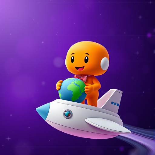 Create a colorful cartoon character of an orange figure with a white spot and a bow tie, standing on a spaceship, holding a small Earth, set against a starry purple background, using a digital art style, high-resolution, depth of field, 4K quality, captured with a virtual camera lens.