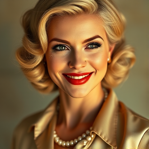 A beautiful Inca woman reminiscent of 1950s Hollywood glamour, with perfectly styled blonde hair and a seductive smile, dressed in a satin blouse and adorned with pearls, soft and warm tones, photorealistic, 8K