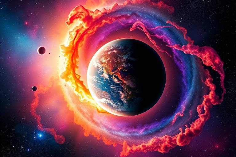 Generate a high-resolution image of a vibrant outer space scene featuring a colorful planet surrounded by swirling cosmic nebulae and stars, captured with a DSLR camera at 24mm, f/2.8, ISO 400, using a wide-angle lens for a dynamic view with increased depth of field.