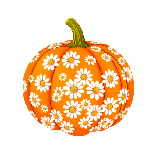 a whimsical orange pumpkin with white daises pattern covering the pumpkin. Solid white background sublimation vector 3000dpi 32k