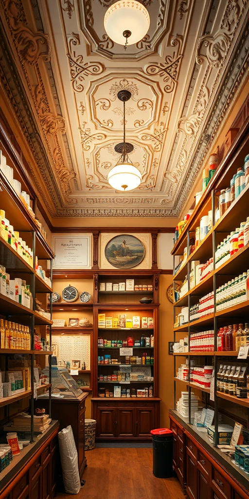 interior of a vintage pharmacy with ornate details and shelves filled with products, warm ambient lighting, DSLR camera, f/4 aperture, 1/60 sec shutter speed, ISO 200, 35mm lens, wide-angle view, high resolution