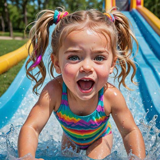 A sassy caricature toddler girl with medium highlighted hair in a messy braid, light eyes, fluffy long lashes, silly funny faces, wearing a colorful swimsuit, going down a waterslide face first, lots of water, created in highlighted chalk style, vibrant colors, background is a park with acrylic paint, airbrush