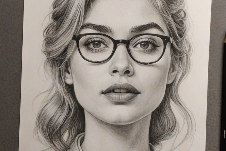 Stunning Imogen Poots, pencil sketch, portrait of Enticing woman 1944s in glasses, hair style beatnik, outline, clear lines, fine lines, 8k
