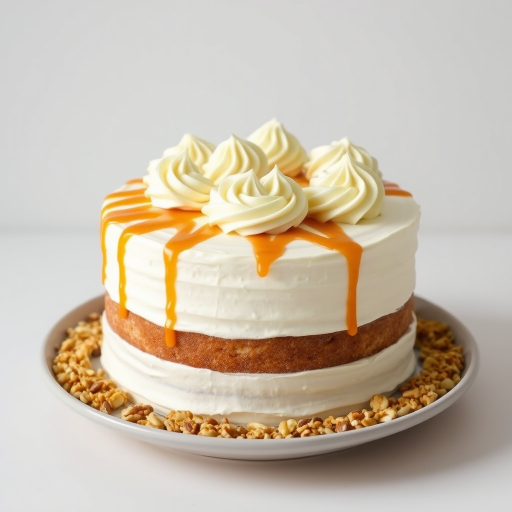 A delicious layered cake with a smooth cream frosting and decorative swirls on top, featuring a caramel drizzle, surrounded by a crunchy nut coating, set on a simple plate against a light background.