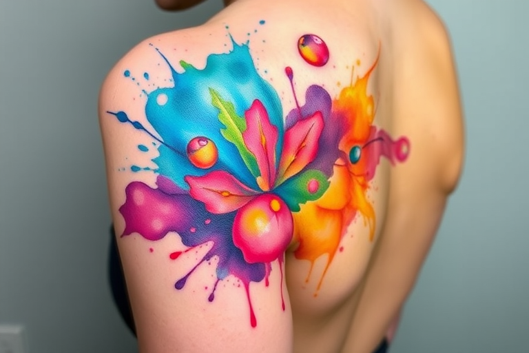 Vibrant watercolor tattoo named "Spectrum Splash" featuring a kaleidoscope of vivid hues blending seamlessly across the skin creating an abstract masterpiece with fluid brushstrokes and ethereal gradients
