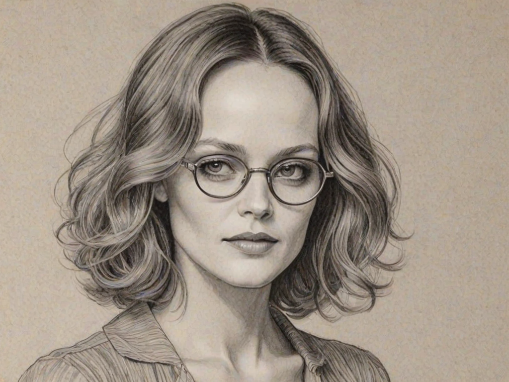 Charming Vanessa Paradis, pencil sketch, portrait of Splendid woman 1930s in glasses, hair style beatnik, outline, clear lines, fine lines, 8k