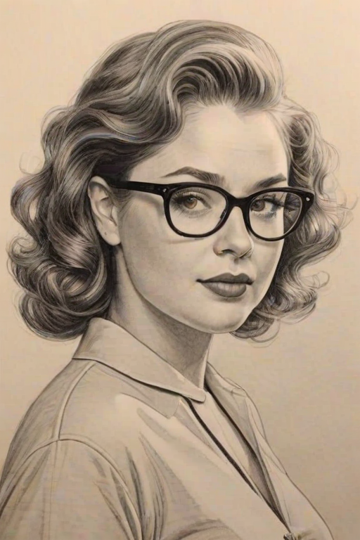 Graceful Kether Donohue, pencil sketch, portrait of Radiant woman 1952s in glasses, hair style beatnik, outline, clear lines, fine lines, 8k