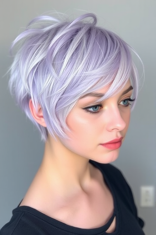 Pastel lavender pixie cut with soft, feathered layers and wispy bangs embodies the whimsical "Lilac Dream" style, incorporating delicate silver-white highlights that add a ethereal sheen to the textured crop, creating a fairytale-inspired look that exudes both playfulness and sophistication