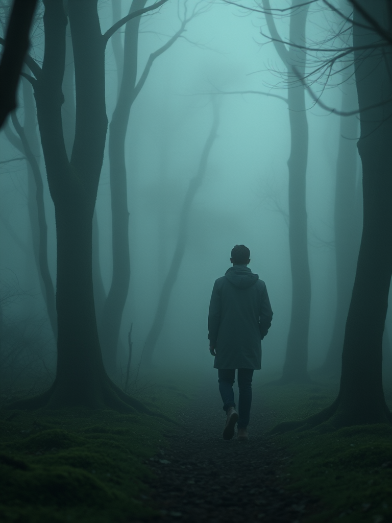 Softly lit image of a couple walking through a misty forest, the fog creating a dreamy, ethereal atmosphere, with the muted greens of moss-covered trees surrounding them.