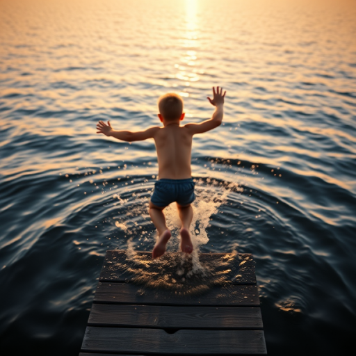 Blurry action shot of a boy jumping into a lake from a wooden dock at dusk, water splashing into the air, with the soft glow of the setting sun reflecting off the rippling surface.