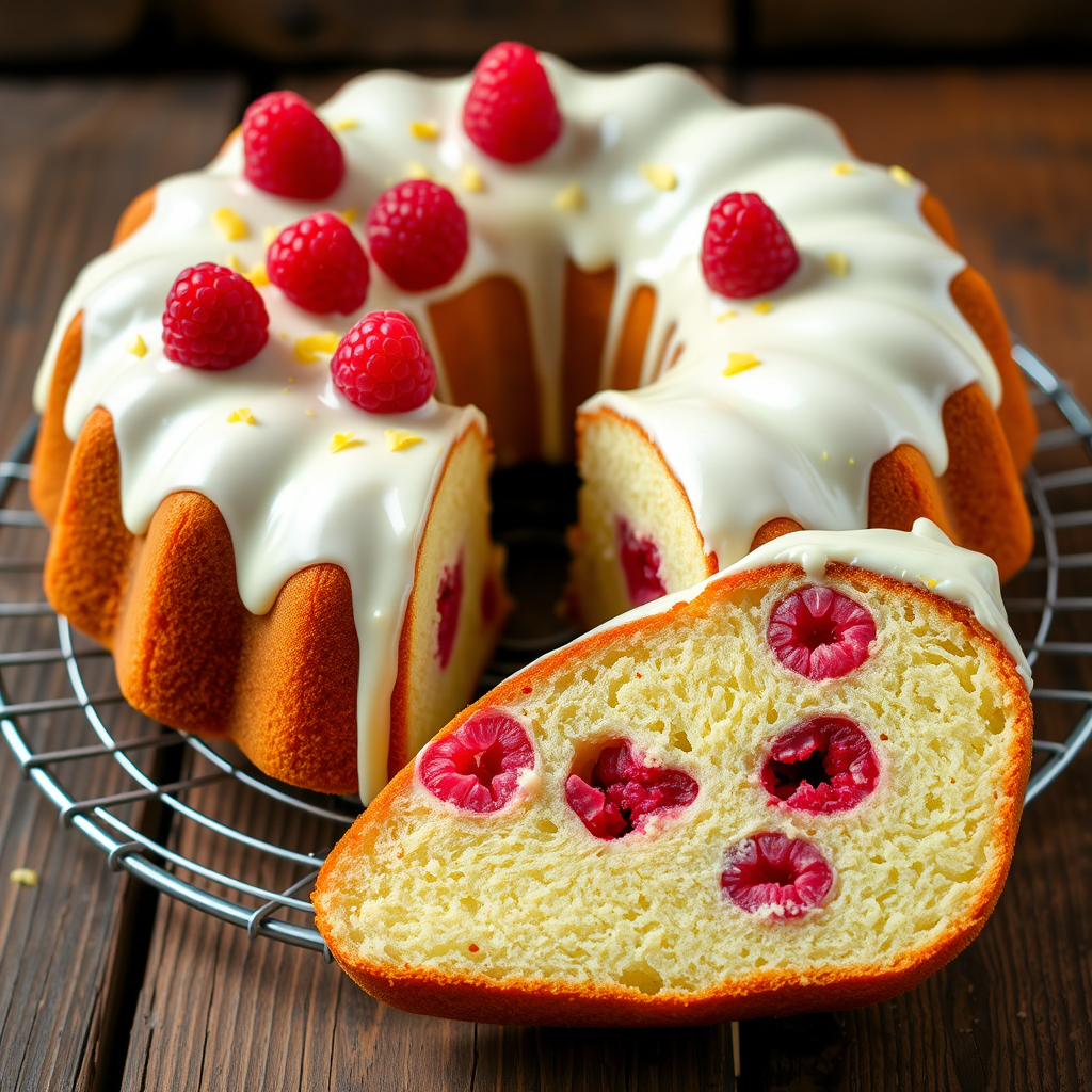 A beautifully decorated raspberry lemon bundt cake with cream cheese frosting topped with fresh raspberries and lemon zest on a wire rack against a rustic wooden background. A slice of the cake is cut and placed next to it, showcasing the moist interior filled with raspberries.